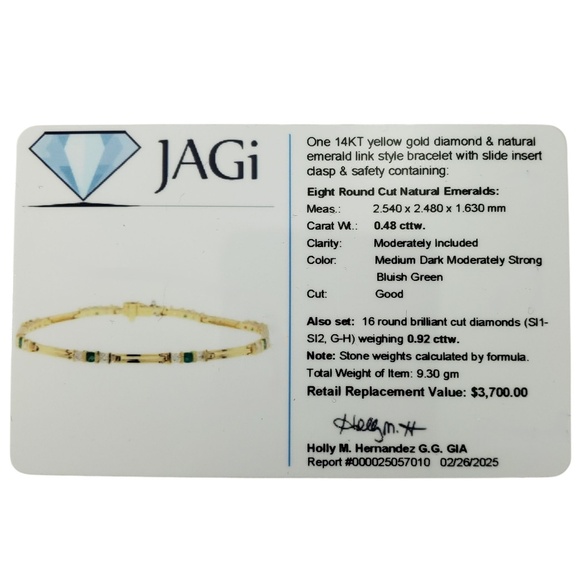 14K Yellow Gold Natural Emerald and Diamond Link Bracelet  #21216 - Picture 10 of 10